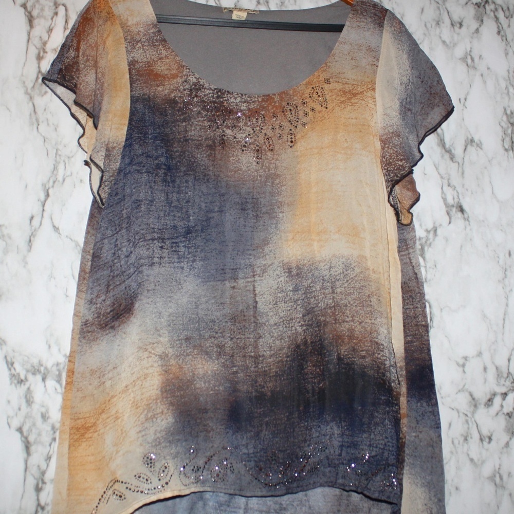 Gauzy and Flowy Blue & Tan Top w/‎ Rhinestones Medium Energe